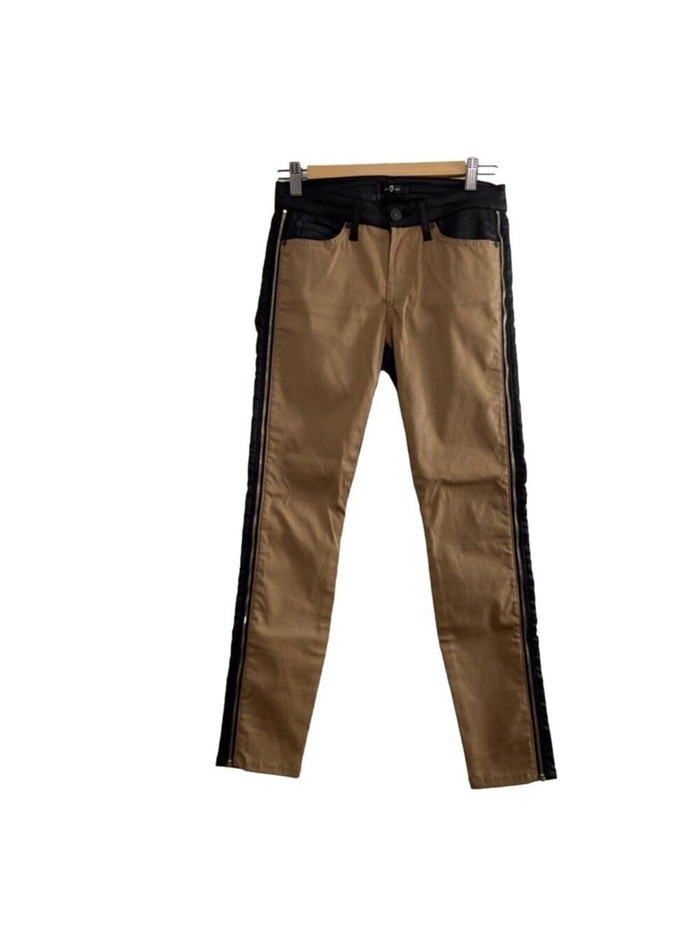 7 for all Mankind beige faux leather jeans pants neutral black camel zippers 25